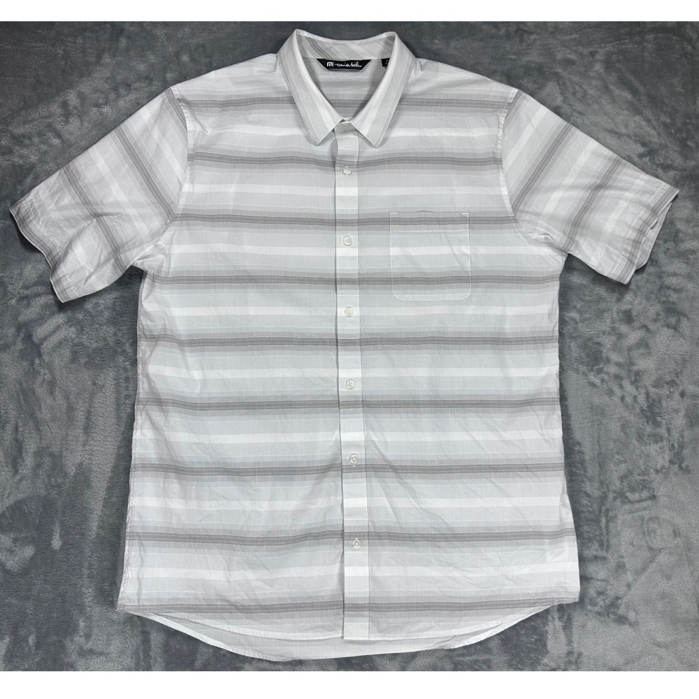 Travis Mathew Mens XL White Grey Striped Short‎ Sleeve Button Down Shirt Golf
